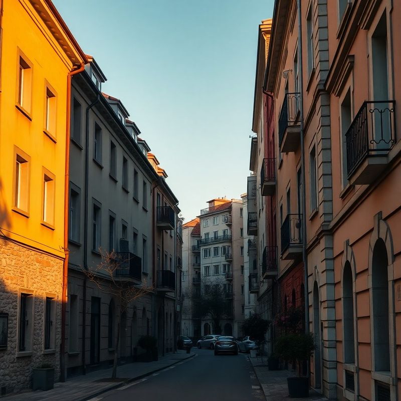 Zagrebačka stambena ulica sa stambenim zgradama u zlatnom svjetlu, jantarna svjetlost na kamenim pročeljima